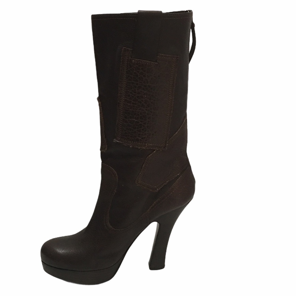Miu Miu Heel Tall Brown Italian Made Leather Platform Boots Size 7 - Picture 6 of 12